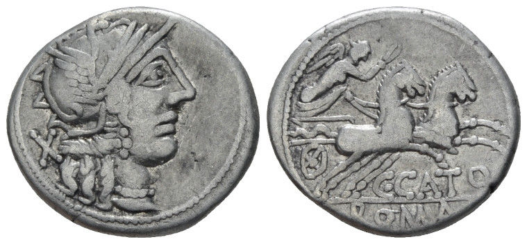 C. Porcius Cato. Denarius circa 123, AR 19.50 mm., 3.88 g.
Helmeted head of Rom...