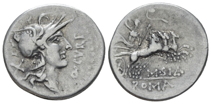 Q. Curtius and M. Silanus. Denarius 116 or 115, AR 3.89 mm., 19.80 g.
Q·CVRT He...