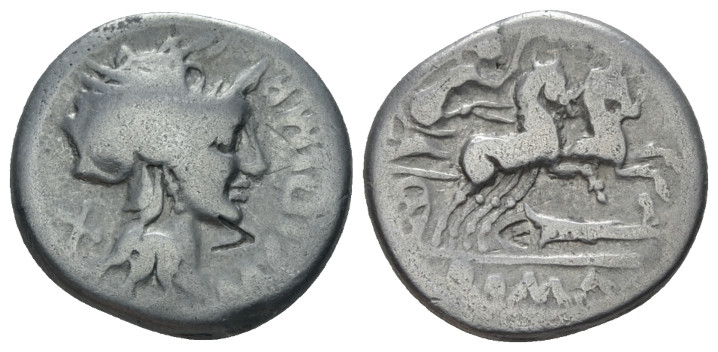 M. Cipius M. f. Denarius 115 or 114, AR 17.10 mm., 3.71 g.
M·CIPI·M·F Helmeted ...