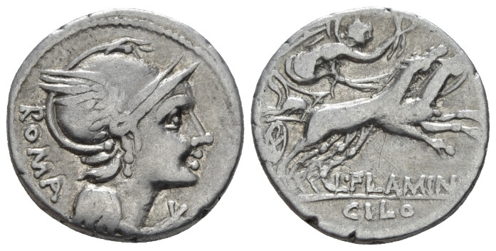 L. Flaminius Chilo. Denarius 109 or 108, AR 18.70 mm., 3.82 g.
Helmeted head of...