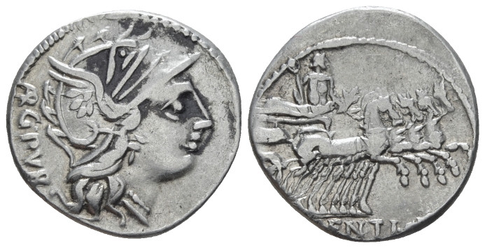 L. Sentius C. f. Denarius circa 101, AR 20.00 mm., 3.86 g.
Helmeted head of Rom...