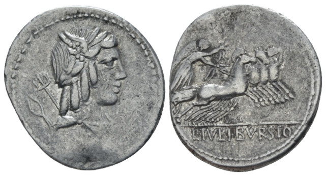 L. Iulius Bursio. Denarius circa 85, AR 19.50 mm., 3.78 g.
Male head r., with t...