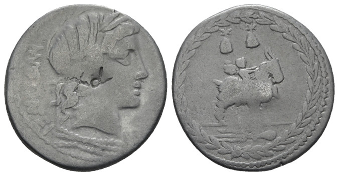 Mn. Fonteius C.f. Denarius circa 85, AR 19.10 mm., 3.85 g.
MN·FONTEI – C·F Laur...