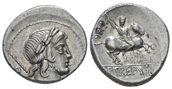 P. Crepusius. Denarius circa 82, AR 17.80 mm., 3.86 g.
Laureate head of Apollo ...