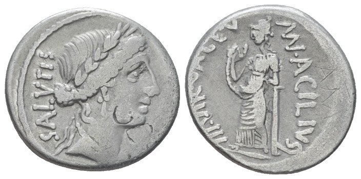 Mn. Acilius Glabrio. Denarius circa 49, AR 18.70 mm., 3.79 g.
SALVTIS Laureate ...