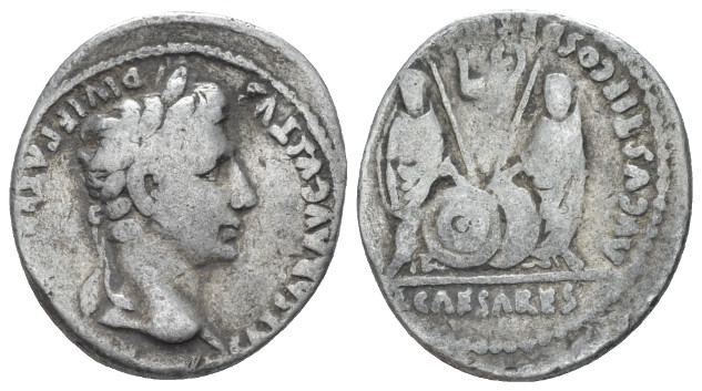 Octavian as Augustus, 27 BC – 14 AD Denarius Lugdunum 2 BC - 4 AD, AR 19.00 mm.,...