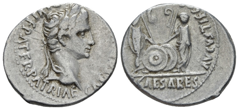 Octavian as Augustus, 27 BC – 14 AD Denarius Lugdunum 2 BC - 4 AD, AR 20.00 mm.,...