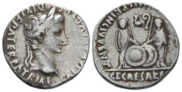 Octavian as Augustus, 27 BC – 14 AD Denarius Lugdunum 2 BC - 4 AD, AR 18.00 mm.,...