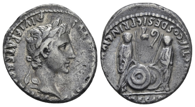 Octavian as Augustus, 27 BC – 14 AD Denarius Lugdunum 2 BC - 4 AD, AR 19.00 mm.,...