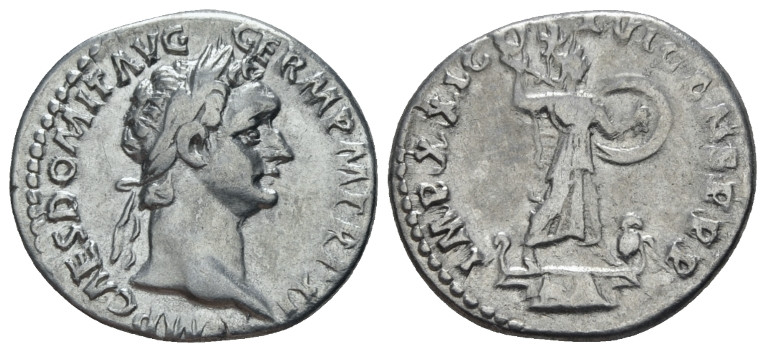 Domitian, 81-96 Denarius Rome 92, AR 19.00 mm., 3.06 g.
Laureate head r. Rev. M...