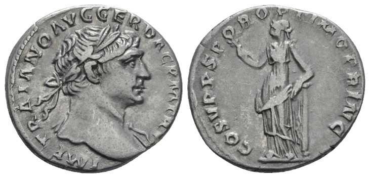 Trajan, 98-117 Denarius Rome circa 110, AR 18.00 mm., 3.22 g.
Laureate bust r. ...