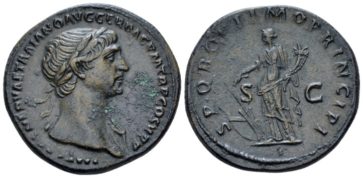 Trajan, 98-117 As Rome circa 105, Æ 28.00 mm., 10.86 g.
Radiate head r., with d...