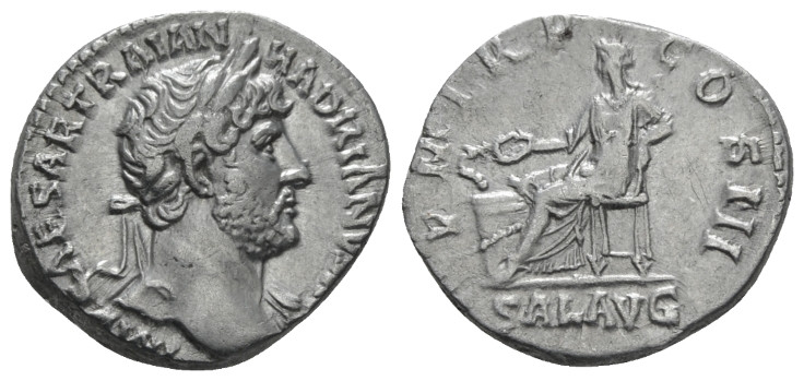 Hadrian, 117-138 Denarius Rome circa 120-121, AR 17.00 mm., 3.31 g.
Laureate bu...