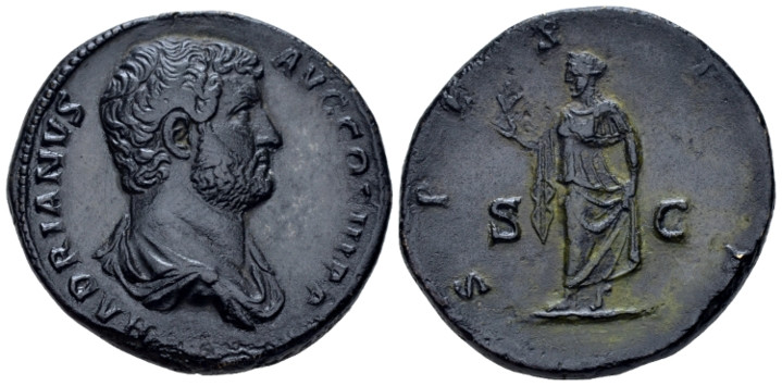 Hadrian, 117-138 Sestertius Rome 137-138, Æ 32.00 mm., 25.98 g.
Laureate and dr...