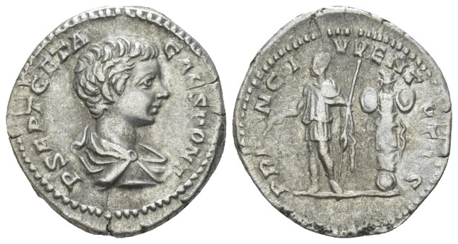 Geta caesar, 198-209 Denarius Rome 200-202, AR 20.00 mm., 3.10 g.
Bare-headed a...