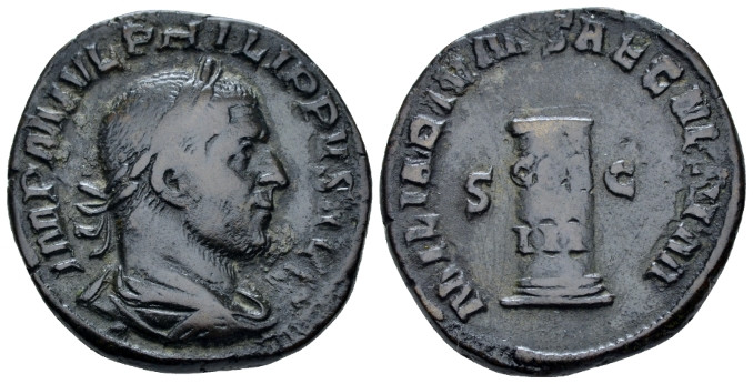 Philip I, 244-249 Sestertius Rome 238, Æ 28.00 mm., 14.19 g.
Laureate and cuira...