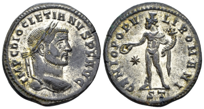 Diocletian, 284-305 Follis Ticinum circa 296-297, Æ 26.00 mm., 9.53 g.
Laureate...