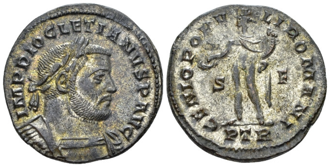 Diocletian, 284-305 Follis Treviri circa 303-305, Æ 27.00 mm., 8.36 g.
Laureate...