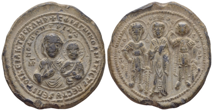 Seal circa 1200-1400, Æ 35.00 mm., 31.80 g.
Half figure of Virgin, nimbate and ...