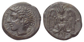 Sizilien. Katana.

 Bronze (Tetras). Ca. 415 - 404 v. Chr.
Vs: Kopf des Amenanos mit Hörnern links.
Rs: Blitzbündel mit Flügeln; in den Feldern dr...