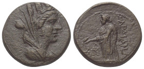 Lydien. Sardeis.

 Bronze. Ca. 133 v. - 14 n. Chr.
Vs: Kopf der Tyche mit Mauerkrone und Schleier rechts.
Rs: Zeus Lydios mit langem Szepter und A...