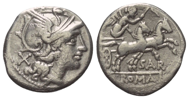 Atilius Saranus.

 Denar (Silber). 155 v. Chr. Rom.
Vs: Kopf der Roma mit gef...