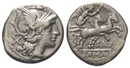 Atilius Saranus.

 Denar (Silber). 155 v. Chr. Rom.
Vs: Kopf der Roma mit geflügeltem Helm rechts, dahinter Wertzeichen.
Rs: SAR / ROMA. Victoria ...
