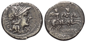 Q. Marcius Libo.

 Denar (Silber). 148 v. Chr. Rom.
Vs: LIBO. Kopf der Roma mit geflügeltem Helm rechts, davor Wertzeichen.
Rs: Q MARC / ROMA. Die...