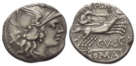 C. Valerius Flaccus.

 Denar (Silber). 140 v. Chr. Rom.
Vs: Kopf der Roma mit geflügeltem Helm rechts, dahinter Wertzeichen X.
Rs: FLAC / C VAL C ...