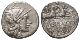 C. Plautius.

 Denar (Silber). 121 v. Chr. Rom.
Vs: Kopf der Roma mit geflügeltem Helm rechts, dahinter Wertzeichen.
Rs: C PLVTI / ROMA. Die Diosk...