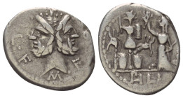 M. Furius Philus.

 Denar (Silber). 120 v. Chr. Rom.
Vs: M FOVRI. L. F. Doppelkopf des Janus mit Lorbeerkranz.
Rs: Roma mit Szepter nach links ste...