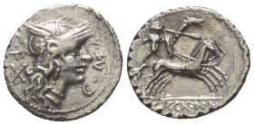 C. Malleolus (mit L. Licinius Crassus und Cn. Domitius Ahenobarbus).

 Denar (Silber). 118 v. Chr. Narbo.
Vs: C MALLE C F. Kopf der Roma mit geflüg...