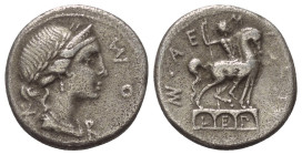Mn. Aemilius Lepidus.

 Denar (Silber). 114 oder 113 v. Chr. Rom.
Vs: ROMA. Drapierter Frauenkopf (Roma?) mit Lorbeerkranz und Diadem rechts. Links...
