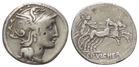 C. Claudius Pulcher.

 Denar (Silber). 110 oder 109 v. Chr. Rom.
Vs: Kopf der Roma mit geflügeltem Greifenkopfhelm rechts.
Rs: C PVLCHER. Victoria...