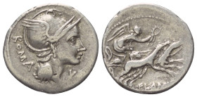 L. Flaminius Chilo.

 Denar (Silber). 109 oder 108 v. Chr. Rom.
Vs: ROMA. Kopf der Roma mit geflügeltem Helm rechts, davor Wertzeichen.
Rs: L FLAM...