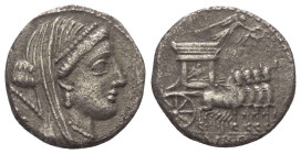 L. Rubrius Dossenus.

 Denar (Silber). 87 v. Chr. Rom.
Vs: DOS. Kopf der Juno mit Diadem und Schleier sowie Szepter über Schulter nach rechts.
Rs:...
