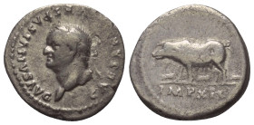 Vespasianus (69 - 79 n. Chr.).

 Denar. 77 - 78 n. Chr. Rom.
Vs: CAESAR - VESPASIANVS AVG. Kopf mit Lorbeerkranz links.
Rs: IMP XIX. Sau mit drei ...