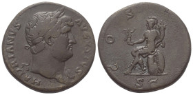 Hadrianus (117 - 138 n. Chr.).

 Sesterz. 125 - 128 n. Chr. Rom.
Vs: HADRIANVS AVGVSTVS. Büste mit Lorbeerkranz und Drapierung rechts.
Rs: COS III...