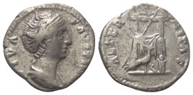 Faustina I. (gest. 141 n. Chr.).

 Denar (Silber). Nach 141 n. Chr. Rom.
Vs: DIVA FAVSTINA. Drapierte Büste rechts.
Rs: AETERNITAS. Thron mit ange...
