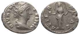 Faustina I. (gest. 141 n. Chr.). Diva Faustina I.

 Denar (Silber). Nach 141 n. Chr. Rom.
Vs: DIVA FAVSTINA. Drapierte Büste rechts.
Rs: AETERNITA...