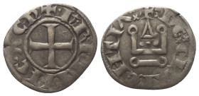 Achaia - Fürstentum. Karl II. (1285 - 1289).

 Denar (Silber).
Vs: + K R PRINC' ACh. Kreuz.
Rs: + DE CLARENTIA. Stilisiertes Kastell.

17 mm. 1,...