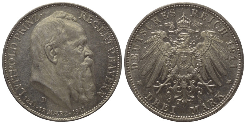 Kaiserreich. Bayern. Prinzregent Luitpold (1886 - 1912).

 3 Mark (Silber). 19...