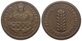 Städtenotmünzen. Lüdenscheid.

 Notpfennig (Bronze). 1948.
Vs: Stadtwappen. 
Rs: Ähre.

27 mm. 7,92 g. 
 Äußerst selten. Fast vorzüglich / vorz...