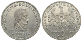 Bundesrepublik Deutschland.

 5 Deutsche Mark (Silber). 1955 F. Stuttgart.
Zum 150. Todestag Friedrich Schillers.

Vs: Kopf Schillers rechts.
Rs...