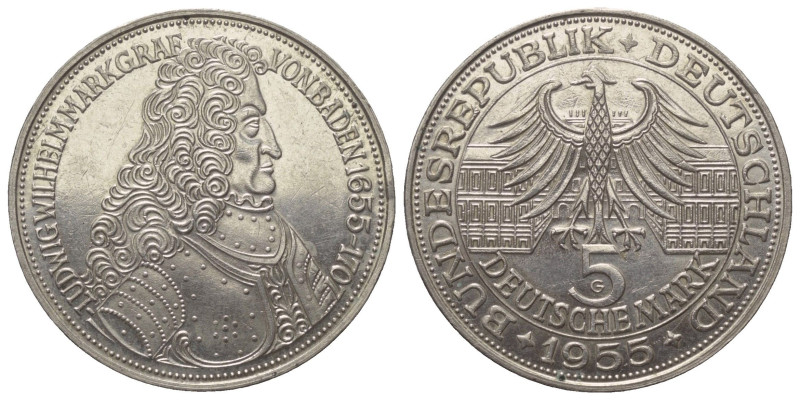 Bundesrepublik Deutschland.

 5 Deutsche Mark (Silber). 1955 G. Karlsruhe.
Vs...