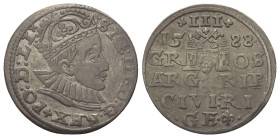Polen. Königreich. Sigismund III. Wasa (1587 - 1632).

 Dreigröscher (Silber). 1590. Riga.
Vs: Gekrönter Kopf mit Harnisch- und Mühlsteinkragen rec...