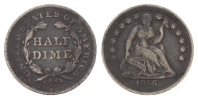 Nordamerika. USA.

 1/2 Dime (Silber). 1856.
15 mm. 1,23 g. 

KM A62.2.
 Patina, fast sehr schön.