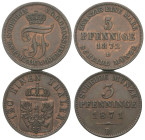 Deutschland - Lots.


Deutschland nach 1871.
Gemischt. 

Lot (2 Stück, Kupfer): Scheidemünzen zu 5 Pfennige 1871 B bzw. 3 Pfennige1872 B.

Fas...