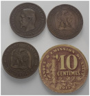 Europa - Lots.


Frankreich.
Napoleon III. und Republik.

Lot (4 Stück, Kupfer/Karton): 10 Centimes 1854, 1855, 1856 und 10 Centimes 1915 (Notge...
