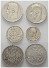 Europa - Lots.


Russland.
Nikolaus II. (1894-1917).

Lot (6 Stück, Silber): Rubel 1897 (3x), 1898, 50 Kopeken 1896 und 25 Kopeken 1896.

Meis...